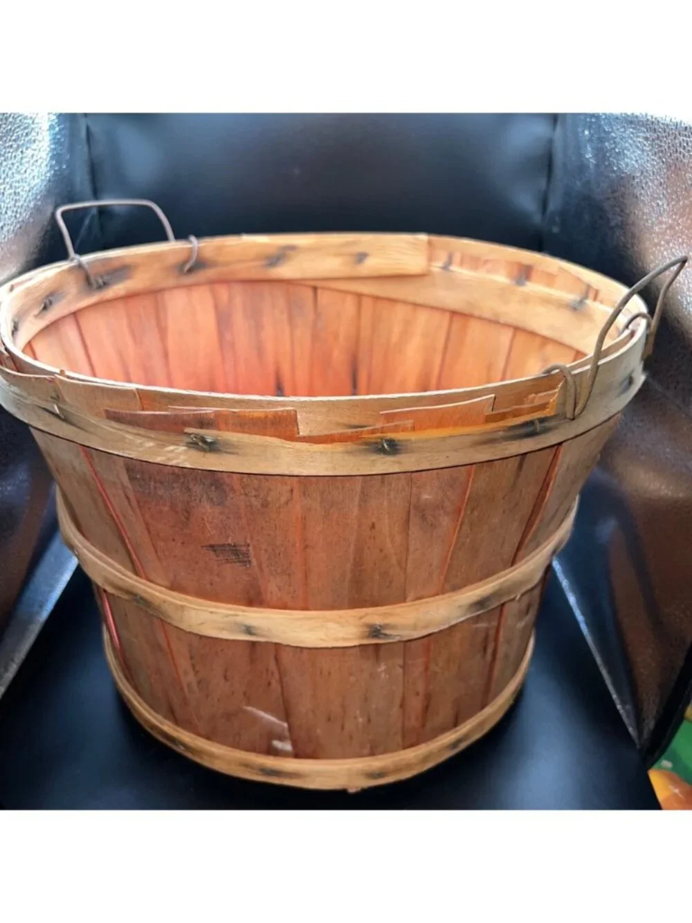 Vintage Wooden Bushel Basket Metal Handles Primitive Slat construction Country